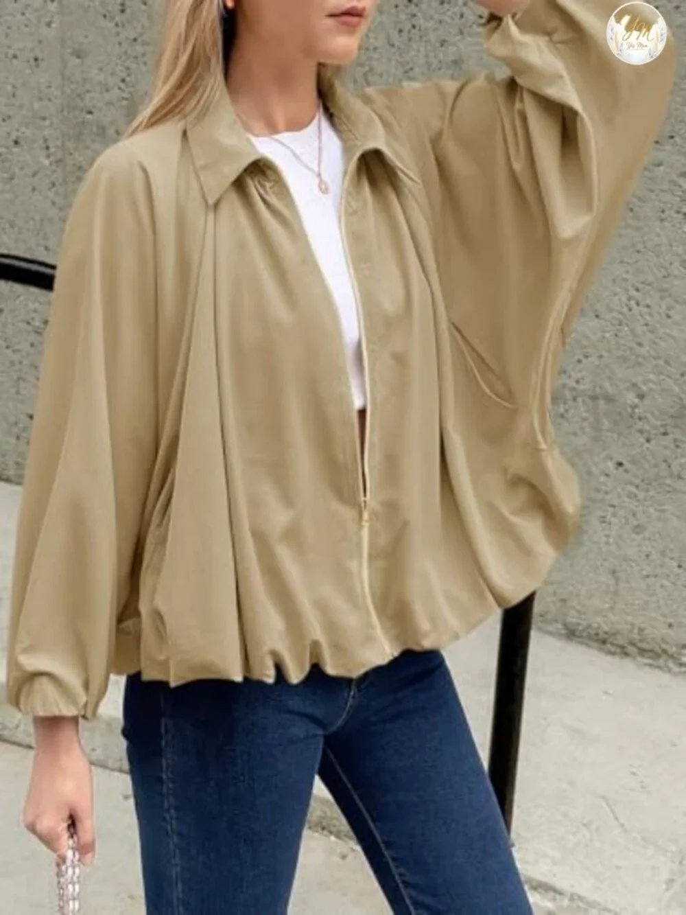 Womens Oversized Batwing Bomber Jacket Lightweight Pleated Zip Up Long Sleeve